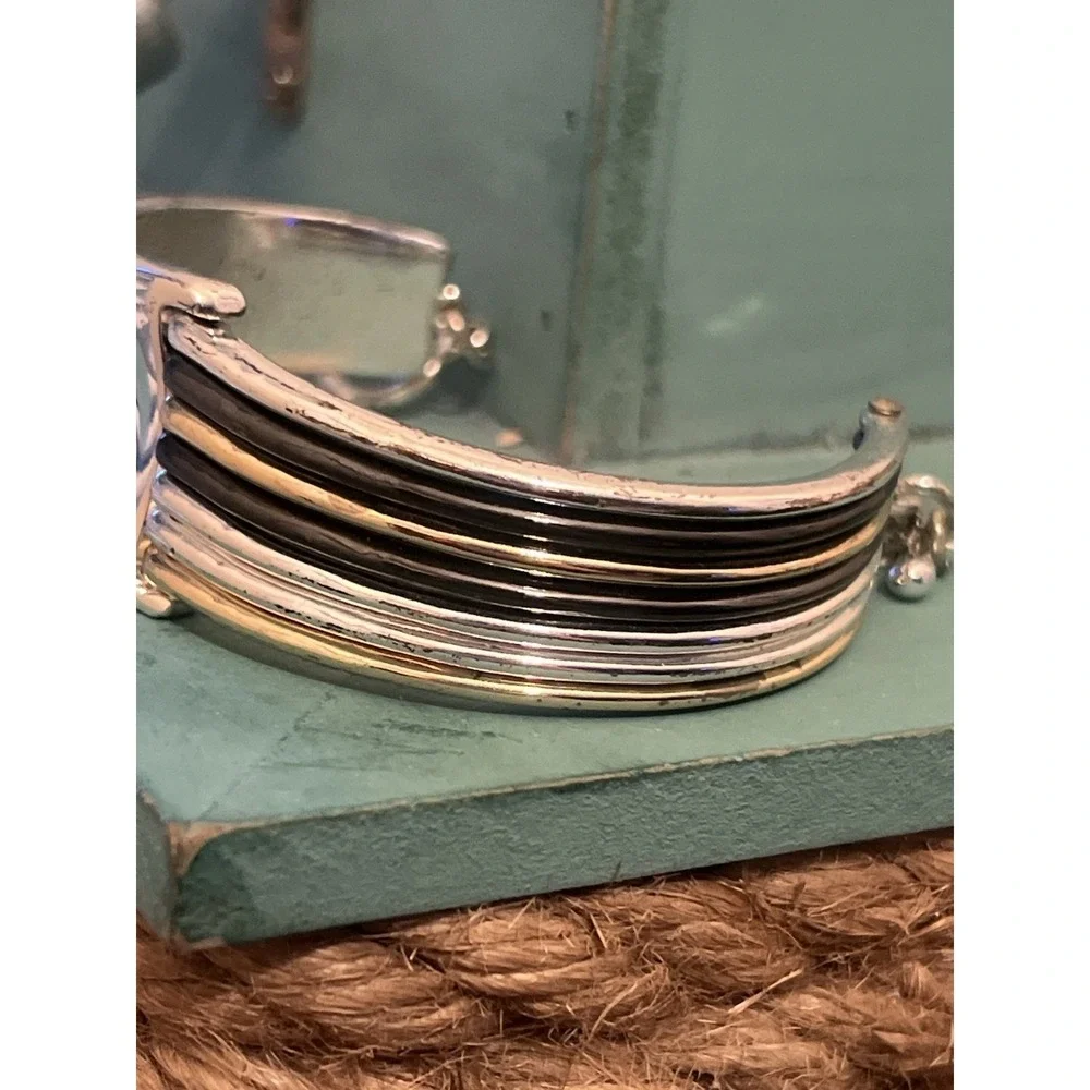 ALM Soho Branded Silver Plate Shabby Chic Mixed Metal Clamper Bangle Bracelet - Picture 3 of 7
